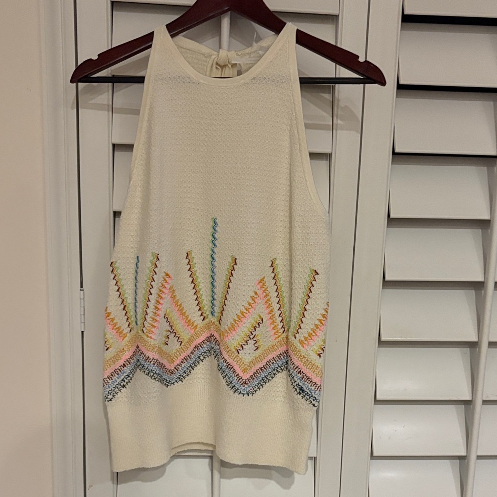 Anthropologie Cream Sleeveless Knit Top with Multicolor Chevron Embroidery